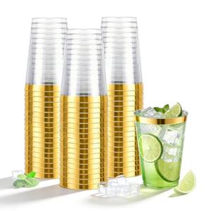N9R 72PCS Gold Plastic Cups, 12OZ Clear Plastic Cups with Gold Rim, Disposable Cups Perfect for Parties, Wedding and Birthday