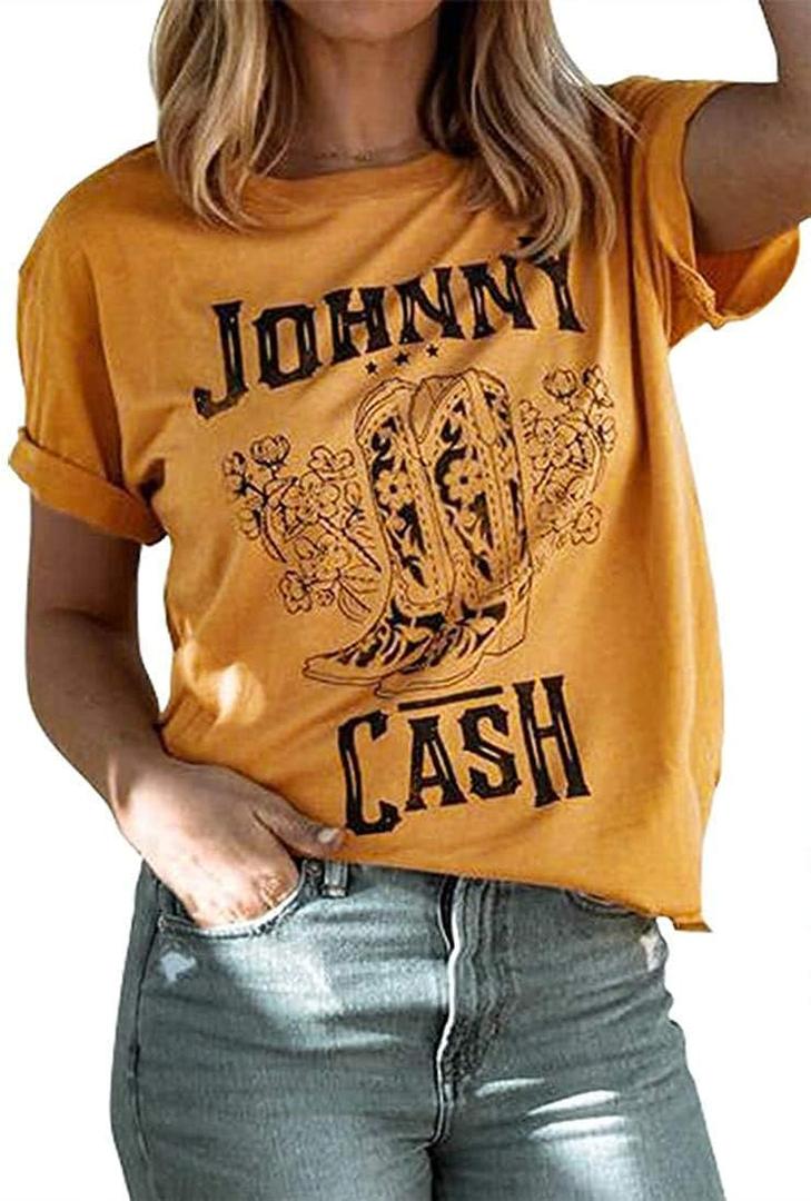 Cash T-Shirt Women Long Boots Graphic Short Sleeve Tees Loose Top Country Music Party Shirt Blouse Tees (X-Large, Yellow)