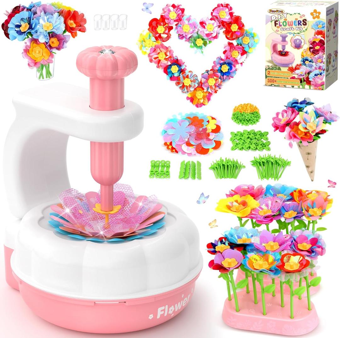 PERRYHOME Fabric Flower Bouquets Toys, 300+ Pcs Birthday Gift Activity Kit, 2 Gameplays STEM Craft for Kids, Reusable DIY Bouquets Maker Mothers Day Gifts for 3 4 5 6 7 8 Years Toddler Girl Gift (White Pink)