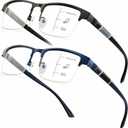 DEHOTRE 2 Pack Progressive Multifocus Reading Glasses Men Semi Rimless Stainless Steel Frame TR90 Temple Computer Readers