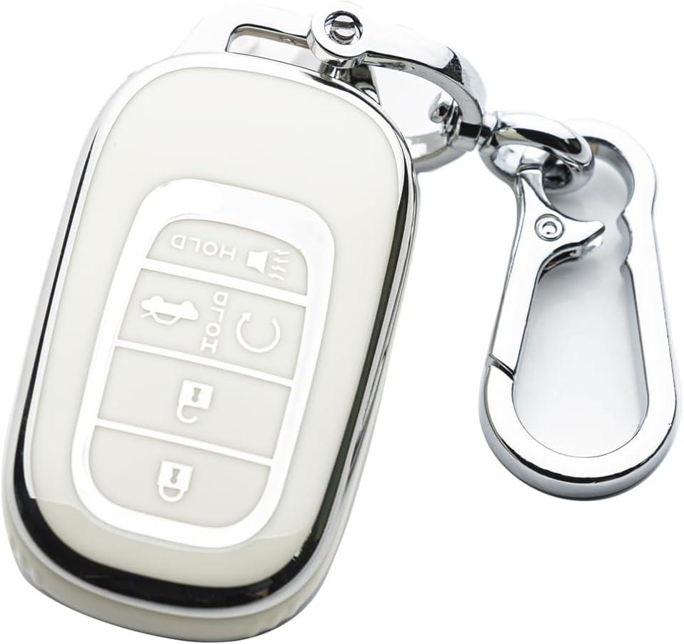 Key Fob Cover Keychain Fit for Honda 2022 2023 2024 2025 Civic Accord HR-V Pilot CR-V 5 Buttons Smart Key (Silver and White)