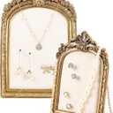 Wonderjune 2 Pcs Gold Jewelry Display Stand Vintage Necklace Organizer Ring Holder Earring Tray Resin Jewelry Photography Props Frame with Velvet Backing for Gifts(White,Large,Small,Elegant)