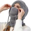 3 in 1 Beanie Hat for Women, Womens Balaclava Winter, Cold Knitted Hats Wind Resistant Hooded Scarf, Thick Plush-Lined (Grey)