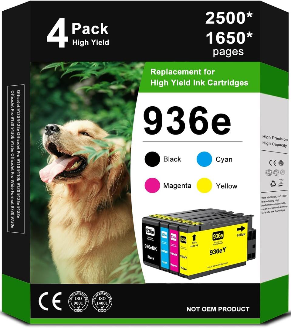 936e Ink Cartridges High Yield (with Chip) Combo 4-Pack Compatible for HP 936e 936 Ink Cartridges for OfficeJet Pro 9125e 9122e 9128e 9130b 9135e Wide Format 9730e Printers (4Pack, BKCMY)