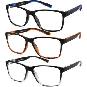 JJWELL 3 Pack Reading Glasses for Men Blue Light Blocking with Spring Hinge, Anti Eyestrain/Dryness/UV Large Wide Square Readers for Men, Two Tone Computer Reader Glasses Eyeglass(1.5 Strength) (3 Mixed Color (blue White Orange))