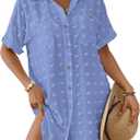 Bsubseach Swimsuit Coverup for Women Swiss Dot Bathing Suit Swimwear Button Down Beach Shirt Cover Up Resort Wear Light Blue M