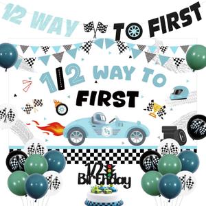 Racing Car Themed Half Birthday Decorations Blue 1/2 Way to First Backdrop Vintage Car Themed Glitter Banner Half Birthday Cake Topper Blue Latex Balloons for Boys 6 Months Birthday Party Supplies