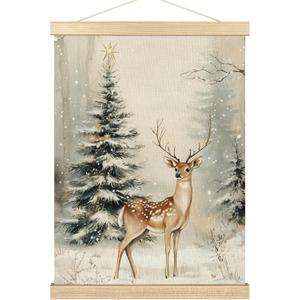BCUANGD Winter Wall Art - Retro Christmas Deer Wall Decor Poster Hanger with Wood Frames, Rustic Pine Tree Landspace Holiday Xmas Wall Hanging Canvas Decor for Farmhouse Home Bedroom, 12x16 Inches