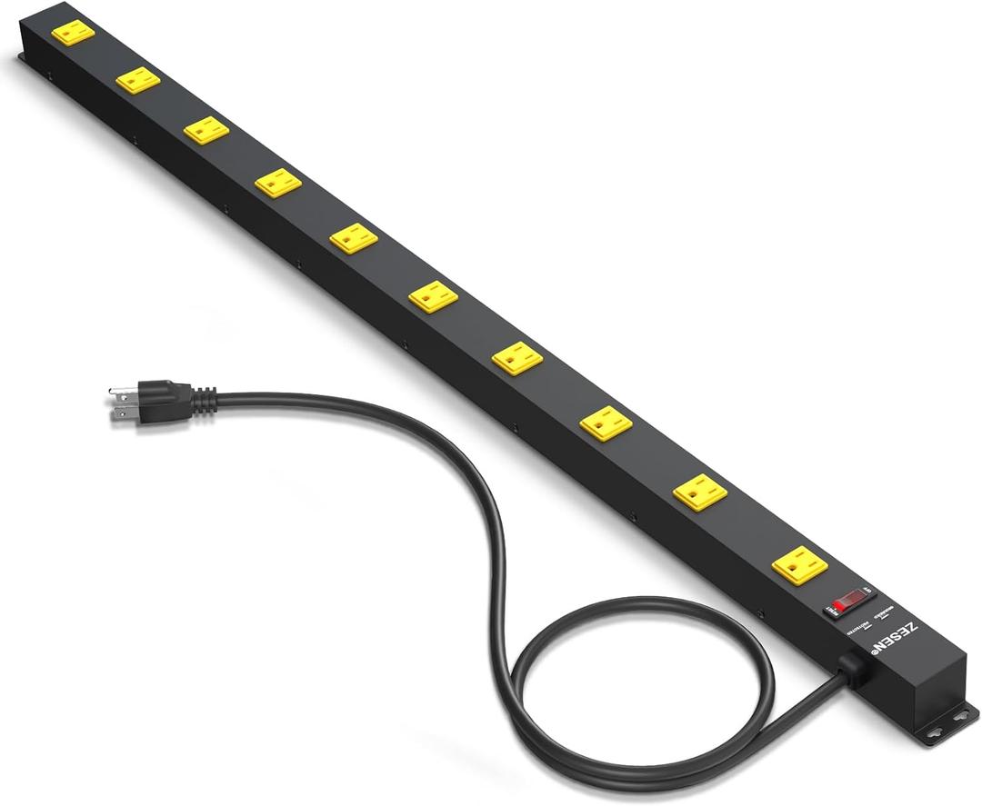 10 Outlet Heavy Duty Long Power Strip Surge Protector with 4ft Cord for Garage Workshop Workbench, ETL Certified, Black