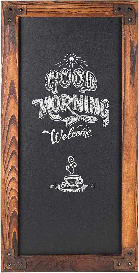 MyGift Wall-Mounted Large Chalkboard Sign - 12 x 25-Inch Burnt Wood Frame Erasable Blackboard with Metal Accent Corners