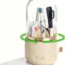 360 Rotating Toothbrush Holder for Bathroom, 7-Slot with Cover & Drainage for Electric Toothbrushes, Toothpaste, Razors - Stand Storage for Vanity, Bathroom Accessories, Countertop Organizer (Beige) (White)