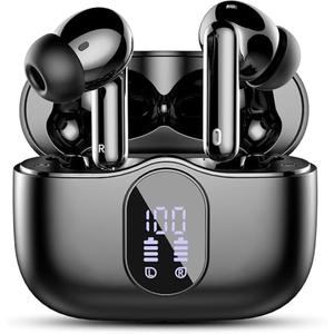 Wireless Earbuds, Bluetooth 5.4 Headphones Bass Stereo, Ear Buds with Noise Cancelling Mic LED Display, IP7 Waterproof in Ear Earphones, 36H Playtime for Laptop Pad Phones Sports Workout, Black