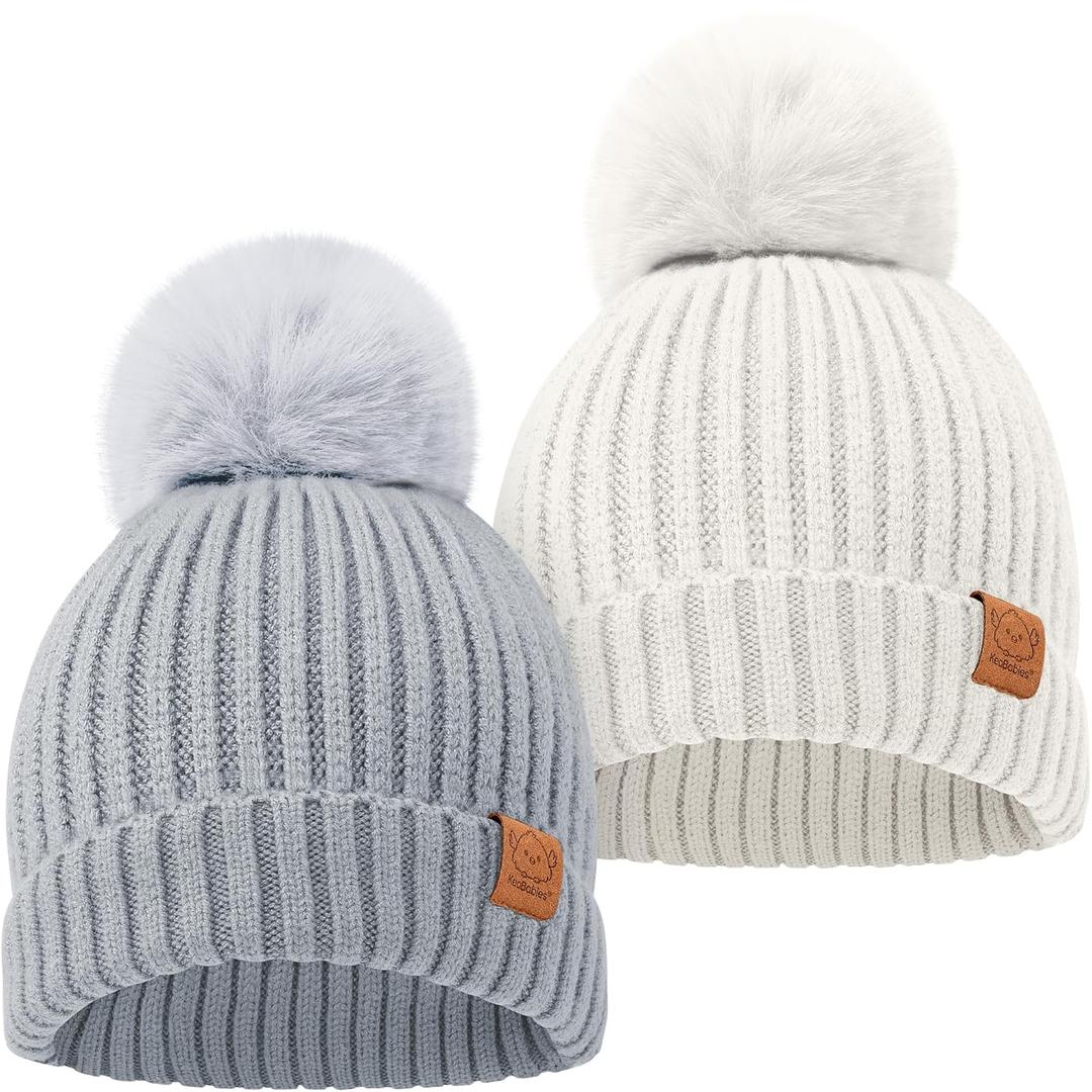 KeaBabies 2-Pack Baby Hats for Girls, Boys - Stretchy Baby Beanies, Cute Newborn & Toddler Winter Hat, Soft & Warm Pom Pom Beanie for Infant, Toddler, Boys, Girls 6-36 Months (Cloud, M)