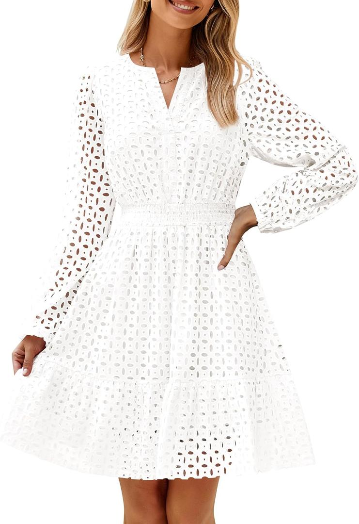 ZESICA Women's 2025 Long Sleeve Mini Dress Fall V Neck Hollow Out Eyelet Embroidery Ruffle A Line Swing Short Dresses, White, Medium