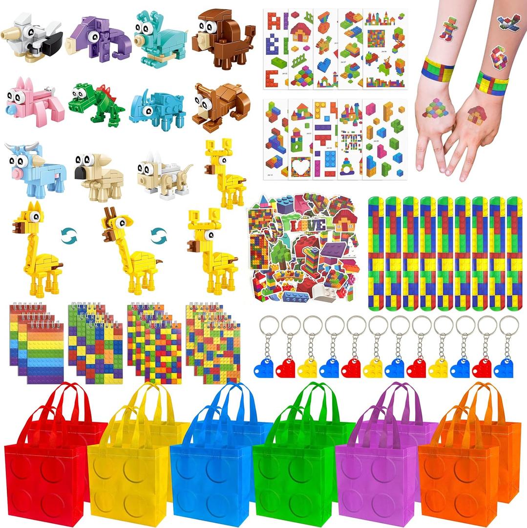 LINAYE 12 Packs Building Blocks Party Favors - 122 Pcs Birthday Party Favors Supplies with Goodie Bags, Animals Building Blocks, Notebooks, Tattoo Stickers Sheets Gift Bag Stuffers for Kids