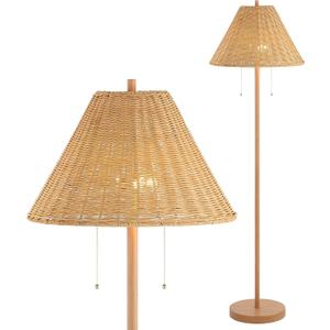 JONATHAN Y JYL3092A Nando 61" 2-Light Coastal Bohemian Iron/Rattan LED Floor Lamp with Pull-Chain Mid-Century, Modern Standing Reading Lamp LED Bulb Included, Brown Wood Finish