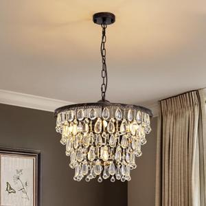7PM Vintage Crystal Chandelier for Dining Room,20-inch Antique Crystal Ceiling Light Fixture, 5-Tier Bronze Chandelier for Living Room, Kitchen Island,Bedroom, Entryway