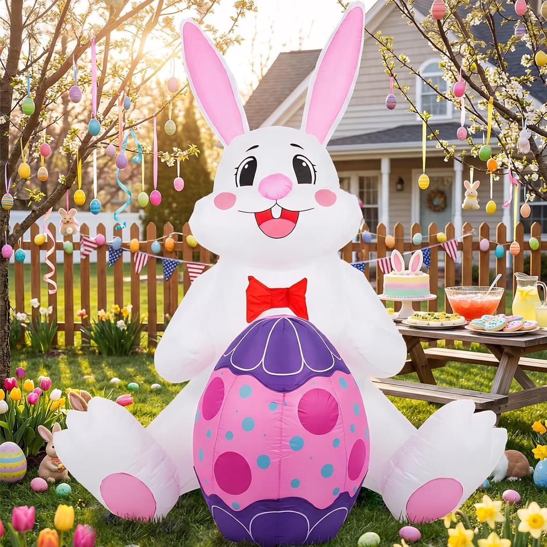 6FT Easter Inflatables Outdoor Decorations, Bunny with Egg Blow Up Yard Decorations, Built-in LED Lights Easter Inflatable for Garden Lawn Holiday Party Decor