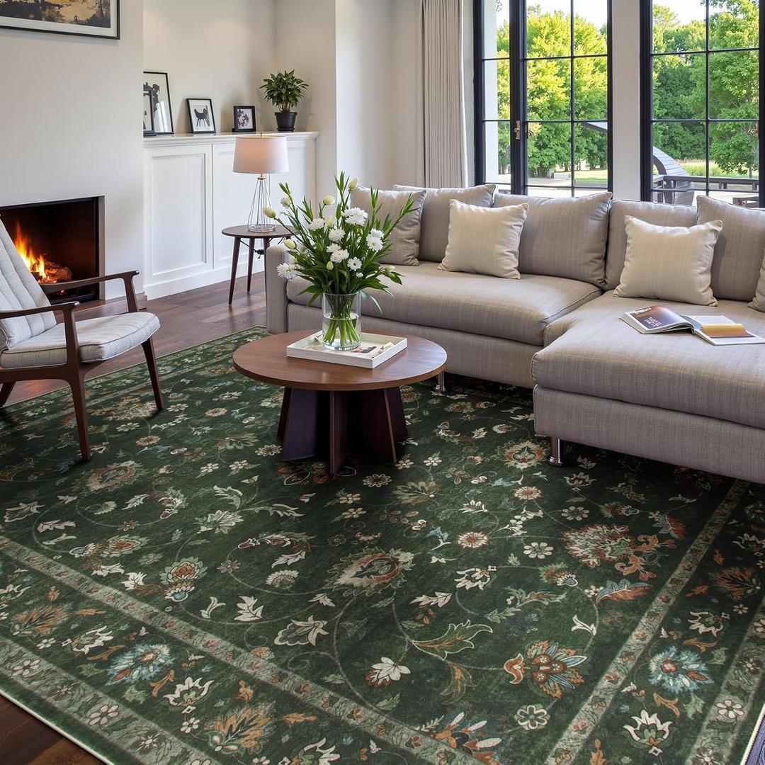 Wonnitar Green 8x10 Rugs for Living Room Floral Rug, Low Pile Vintage Boho Large Rugs, Non Slip Stain Resistant Rugs for Bedroom Dining Room Home Office Department,(Green,8x10) (8' x 10')