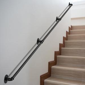DAMEING Stair Railing 10FT Metal Staircase Handrail for Outdoor Steps, Black Galvanized Industrial Iron Pipe Hand Rail for Indoor Porch Stairs Wall Mount for Elderly Safety