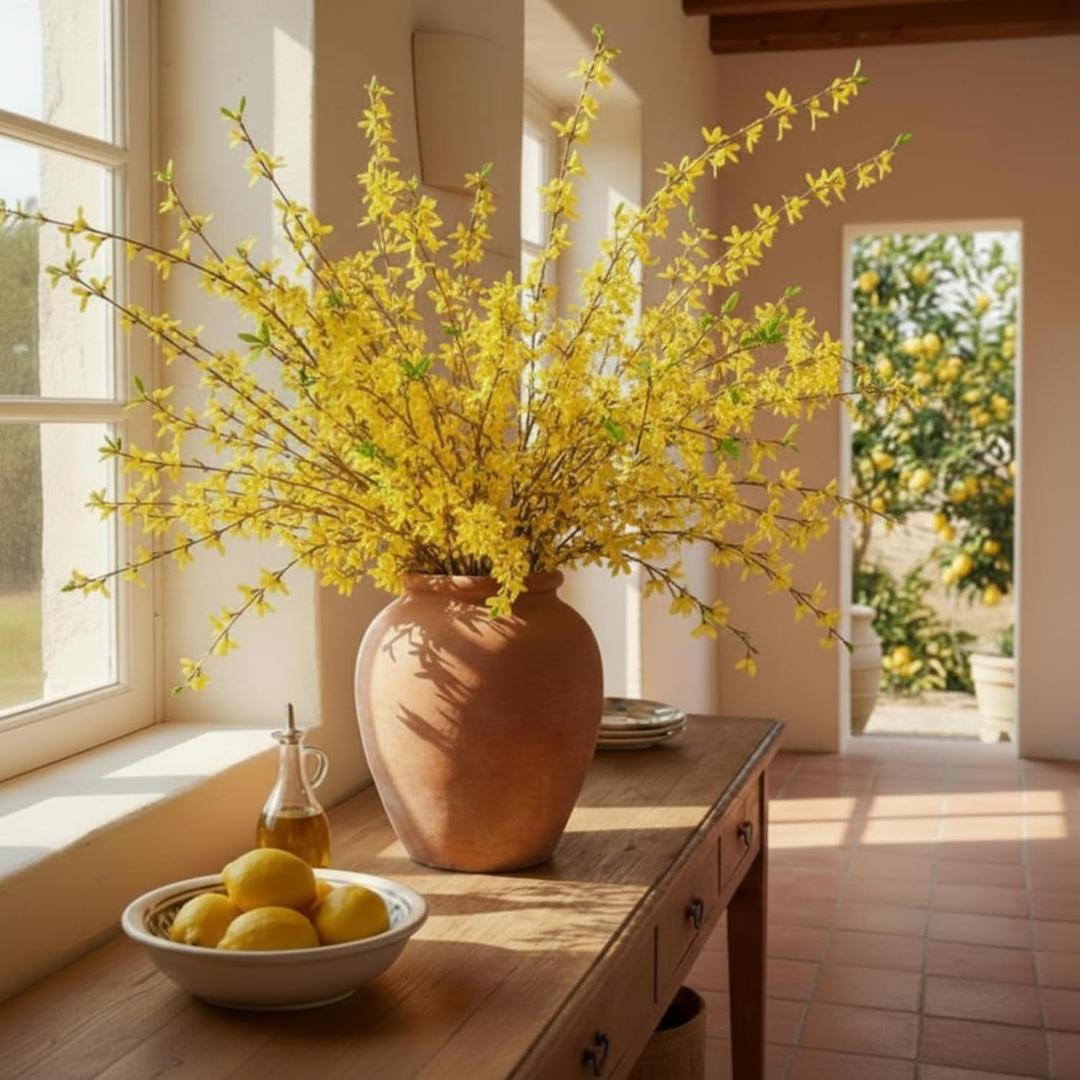 XunYee Fake Forsythia Long Stems Artificial Forsythia Branches Yellow Flower Branches Artificial Orchids Flower Branch Faux Flowers Stem for Home Wedding Indoor Outdoor Decor (39.5 Inch,24 Pcs)