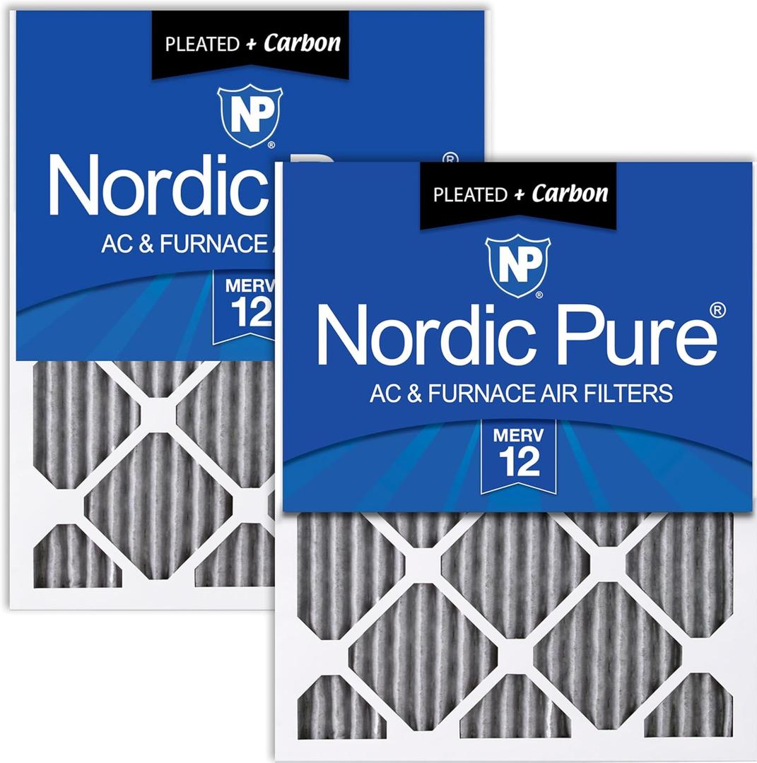 Nordic Pure 20x20x1 (19 1/2 x 19 1/2 x 3/4) Furnace Air Filters MERV 12 Pleated Plus Carbon 2 Pack (19.5" x 19.5" x 0.8")