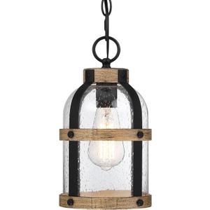 Outdoor Pendant Light for Porch,Modern Exterior Hanging Lantern with Adjustable Chain, in Black and Wood Grain Finish with Seeded Glass for Front Door,Entryway,Farmhouse (Wood Grain)