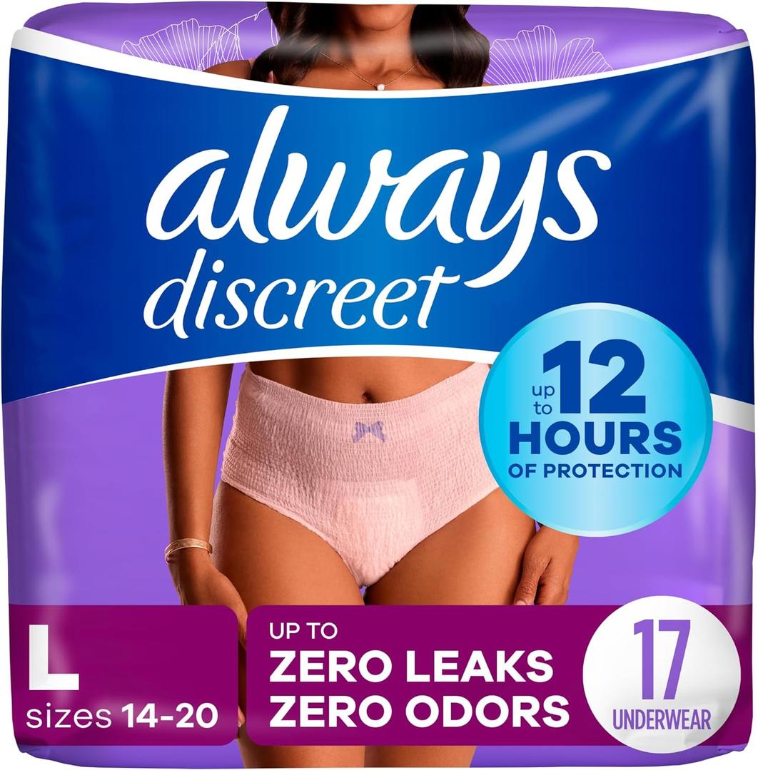 Always Discreet Adult Diapers for Women, Incontinence Underwear, Postpartum Essentials, Disposable Briefs, Max Absorbency, Bladder Leak Protection, Large, 17ct