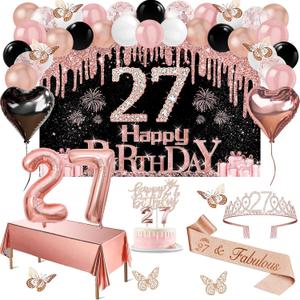 27th Birthday Decorations for Women, 49pcs Black Rose Gold Black Happy 27th Birthday Banner, Tablecloth, Butterfly Decor, Sash and Tiara, Cake Topper, Candles, Balloons Arch