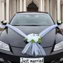 Wedding Car Decorations Kit with White Artificial Flowers, Satin Ribbon Bows, Just Married Hood Garland, Bride and Groom Vehicle Decor for SUV Truck Outdoor Wedding Party Bonnet Bouquet