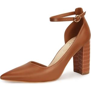 SM NEW YORK Pointed Toe Ankle Strap Dress Pumps Shoes Chunky Heels Pumps for Women color Congnac 8.5