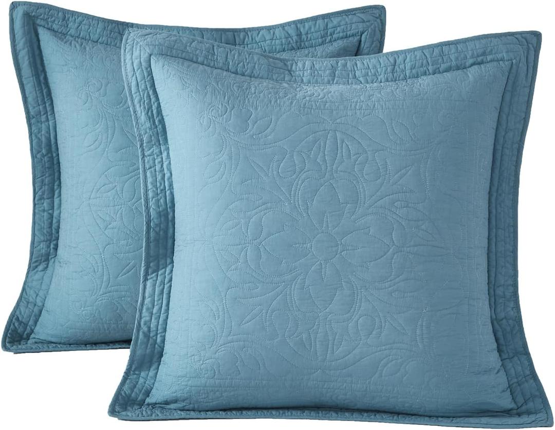 WINLIFE 100% Cotton Quilted Euro Sham Covers, 2 Pack Cotton 26'' x 26'' Pillow Covers, Soft and Breathable Euro Shams, Square Pillow Shams, Mineral Blue