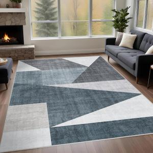 Washable Modern Area Rug: 5x7 Geometric Area Rugs for Living Room & Bedroom with Non-Slip Backing Modern Geometric Carpet for Living Room Blue Grey 5'x7'.
