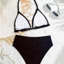 OYOANGLE Girl's Two Piece Braided Shell Trim Bikini Sets Halter Triangle Top High Waist Hipster Swimsuits (Black)