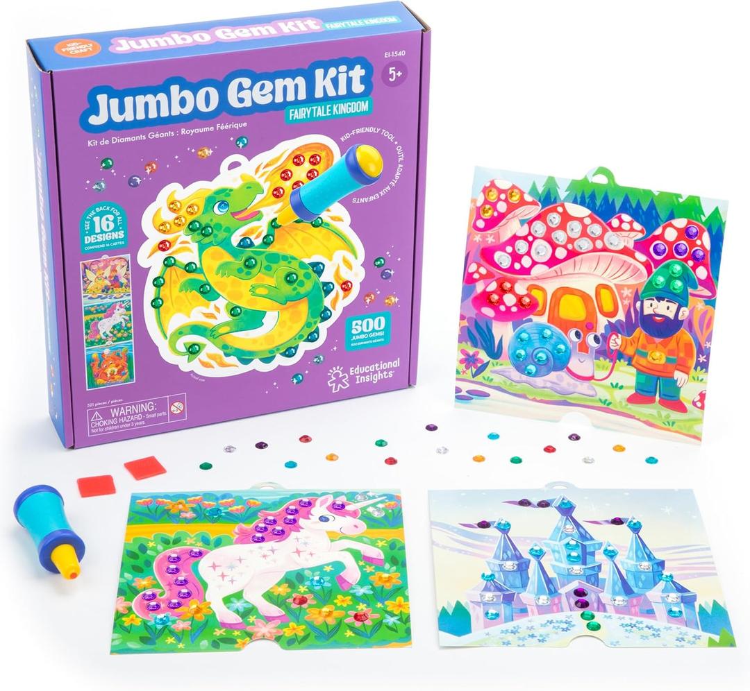 Educational Insights Jumbo Gem Kit - DIY Crafts for Kids Ages 4-8, Mess Free Toddler Arts and Crafts, Diamond Painting Kits for Kids 5-7, Beginner Paint By Gem Art Kits, Sticker Diamond Craft Kit, 10.9 Inches X 10.2 Inches X 2.1 Inches