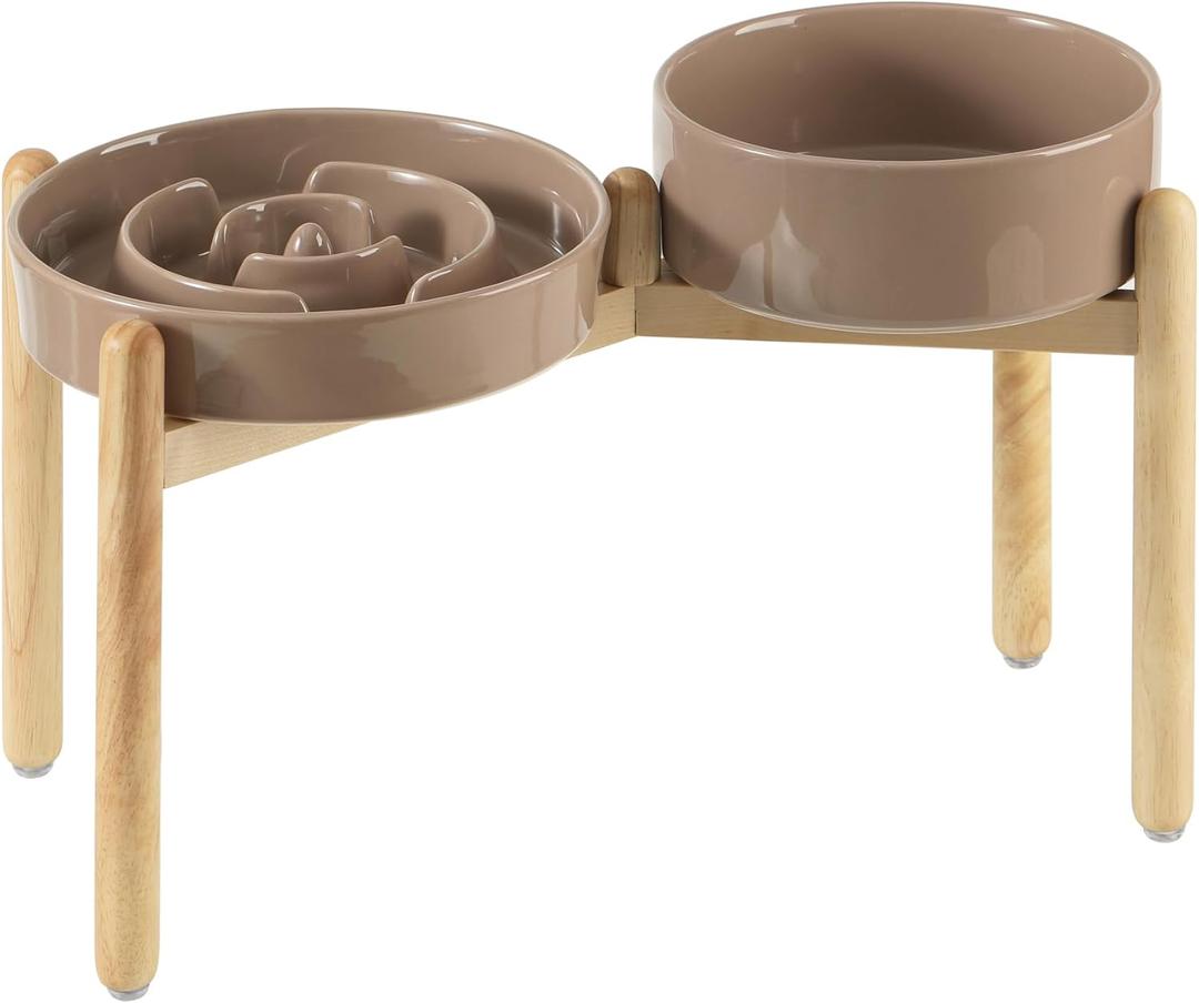 Ceramic Raised Slow Feeder Dog Bowl Set, Elevated 8.2inch Bowl and 9.5inch Puzzle Slow Food Dish with Wooden Stand for Large Dog, Anti-Gulping (2X Brown Coffee+ Stand)