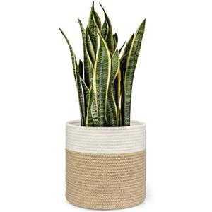 Dahey Jute Spliced Cotton Rope Plant Basket Modern Woven Storage Basket for 10" Floor Indoor Planter, Decorative Flower Pots Cover Laundry Bin with Handle Rustic Home Decor, White and Beige
