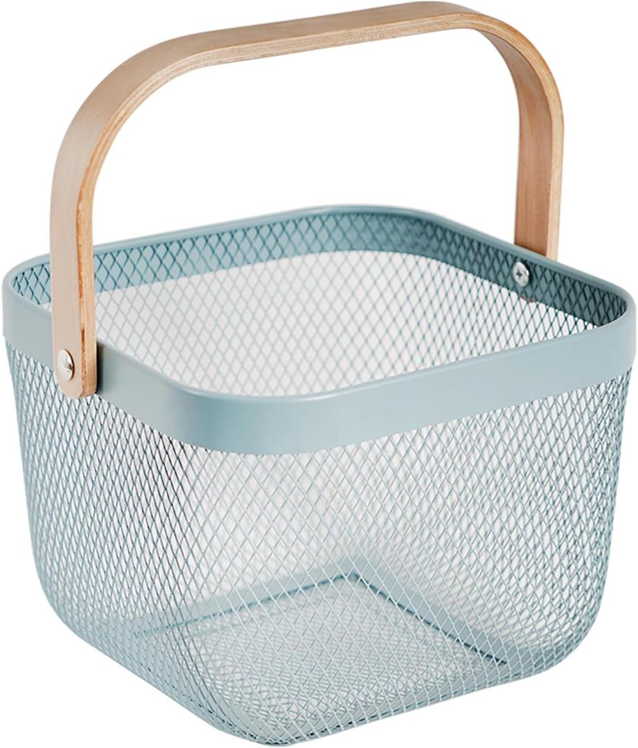 Metal Mesh Steel Harvest Basket, Square Wire Garden Basket with Handle Multi-Functional Storage Organizer for Gathering Vegetables, Fruits, Kitchen, Garden, Picnic (Aqua-Square)