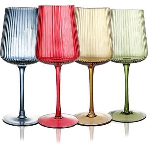 Hand Blown Ribbed Wine Glasses with stem, Lead-Free Crystal Glasses, Luxury Gift, Set of 4, Unique, 18oz Premium Wine Goblet, Large capacity, Fluted Design (Winter Colored)