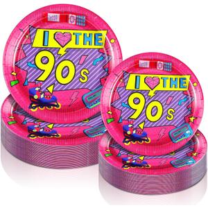 Yungyan 50 Pcs Retro 90S Plates Disposable Paper Tableware 9 Inch Dinner Plates 7 Inch Dessert Party Decoration Supplies