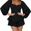 LYANER Women's Jumpsuit Lantern Long Sleeve Ruffle Layer Tie Mini Short Romper Size XXL