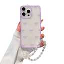 Pretaco for iPhone 16 Plus Case, [2-in-1 with Clear Beads Pearl Beaded Wristlet Bracelet] Cute Purple Bow Print, Suitable for Women & Girls