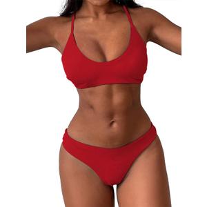 ZAFUL Women's Two-Piece Scoop Neck Bikini Crop Top Criss Cross Push Up Bikini Set Tanks Top Bathing Suit(Small, Red)