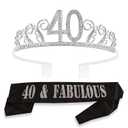 MEANT2TOBE 40th Birthday Sash and Tiara for Women - Fabulous Glitter Sash + Waves Rhinestone Silver Premium Metal Tiara for Her, 40th Birthday Gifts for 40 Party