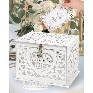 Youeon Upgraded Wooden Wedding Card Box with Lock & Key, Holder for Reception, White Hollow Heart Money Box with Card Sign for Wedding