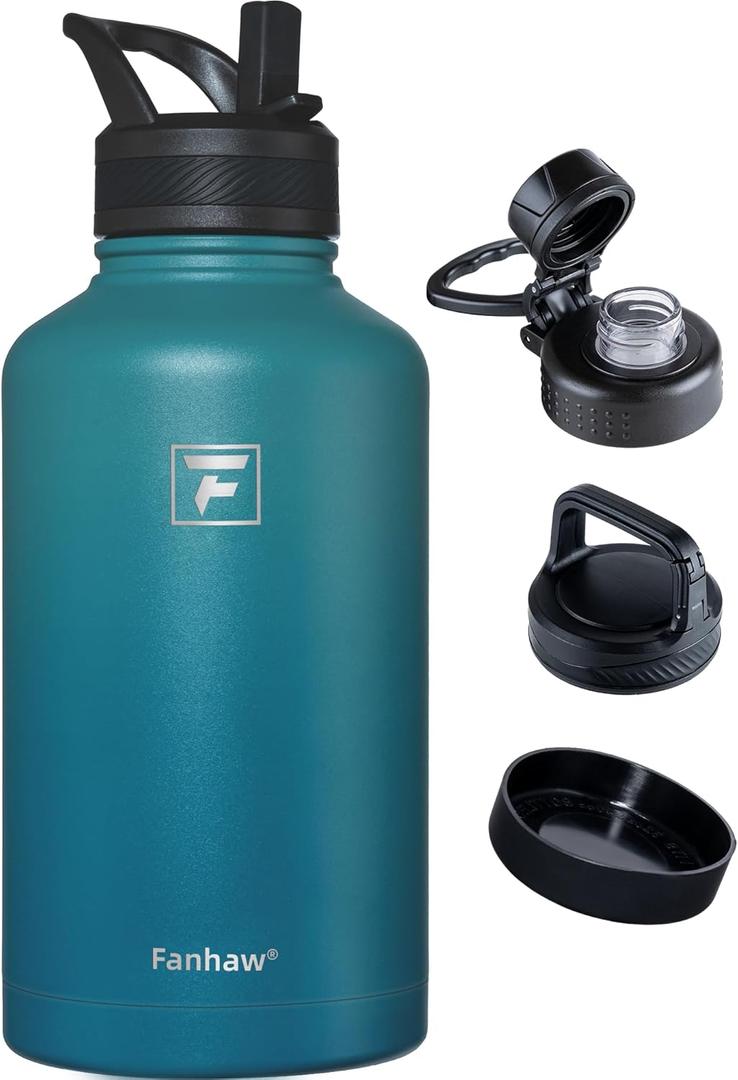 Fanhaw 64 oz Insulated Water Bottle – Large Stainless Steel Jug with 3 Lids (Straw, Spout, Carabiner) | Heavy-Duty, for Camping, Backpacking, Long Hikes & Outdoor Work (Green Blue)