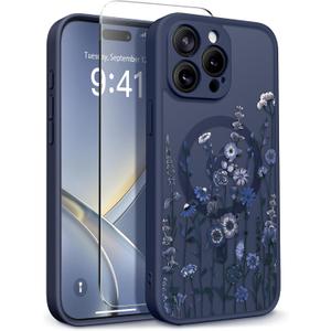GVIEWIN for iPhone 15 Pro Max Case Compatible with MagSafe, [Military Grade Protection] [Screen Protector] Full Camera Protection Floral Translucent Women Magnetic Phone Case, Floratopia/Blue