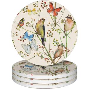 Coasters for Drinks,Vintage Birds and Butterflies Absorbent Coaster Set of 4 with Cork Base,Ceramic Drink Coasters for Cold Drinks Wine Glasses Cups Mugs,Housewarming Gifts for Home Decor
