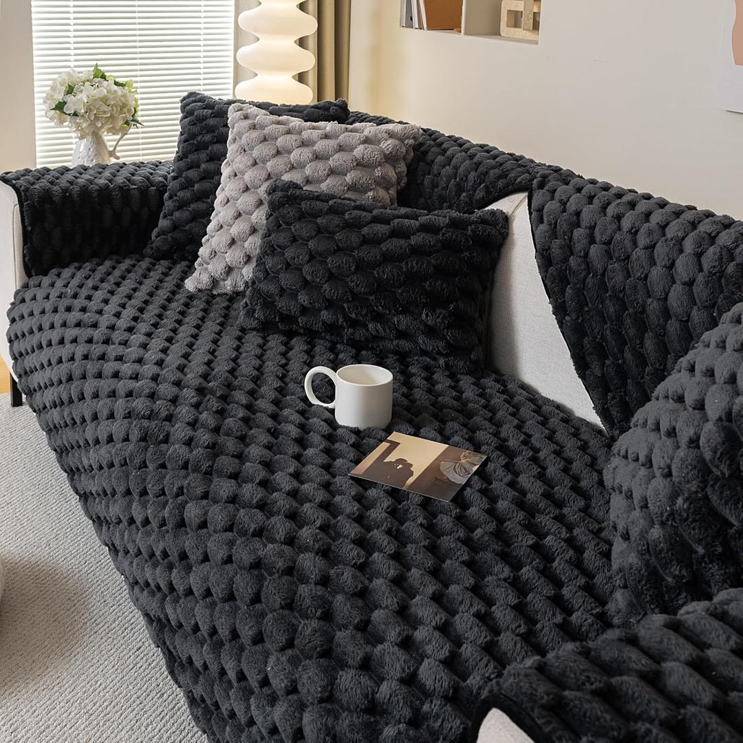 Rabbit Plush Sofa Cover,Non-Slip Faux Fur Couch Cover,Warm Sofa Cover Fuzzy Furry Sofa Slipcover Furniture ProtectorBlack 36"x63"Loveseat Sofa Cover