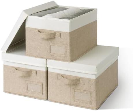GRANNY SAYS Storage Basket with Lid, Linen Fabric Storage Bins with Label, Decorative Storage Boxes, Clothes Storage and Organization, Memory Keepsake Box, 3-Pack, Khaki&Ivory